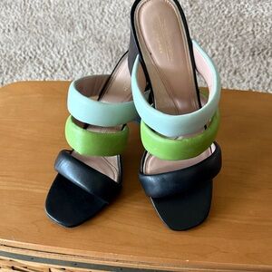 Kate Bosworth Matisse Black with Mint & Lime Padded-Strap slide Block Heels